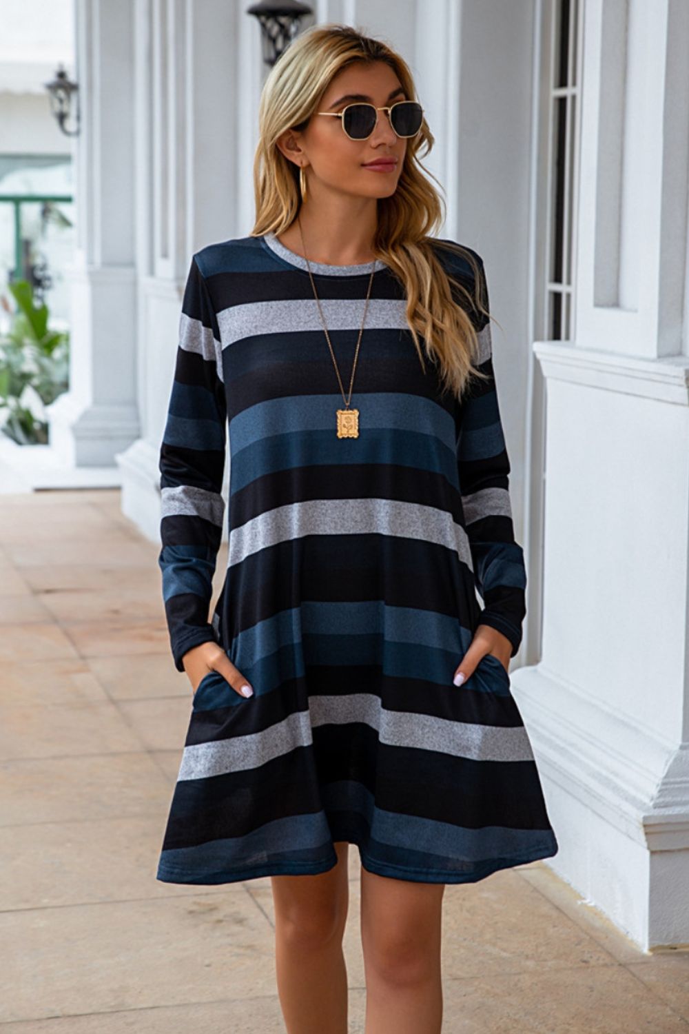 Striped Round Neck Long Sleeve Dress