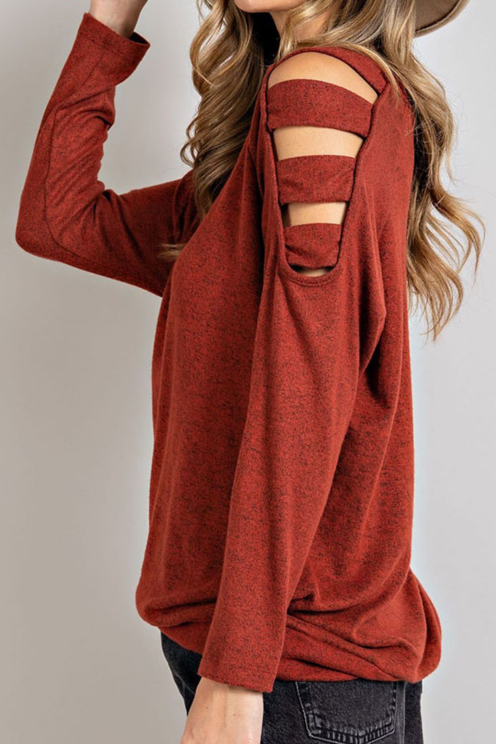 Cutout Round Neck Long Sleeve Blouse